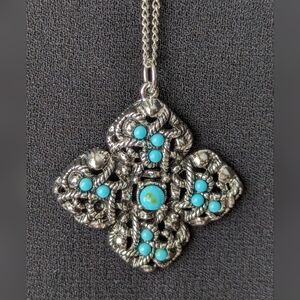 AVON 10" Silver tone chain ring clasp turquoise color pendant 2" vintage signed